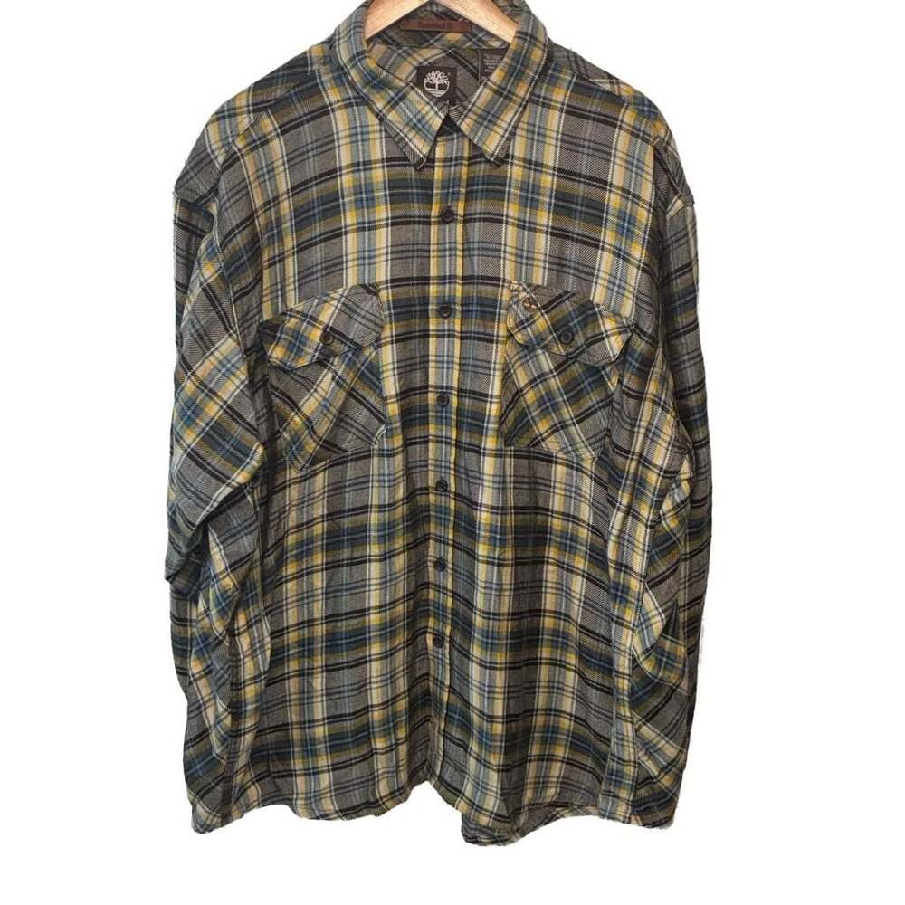 Timberland Summer-weight Plaid Flannel Shirt 2XL Wool Blend Yellow Blue Grey